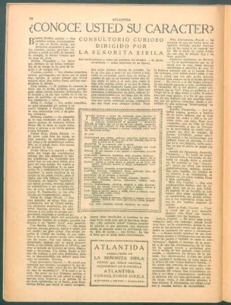 ¿Conoce usted su caracter? : Consultorio curioso dirigido por la Señorita Sibila