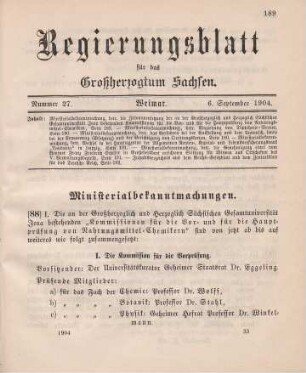 88. Ministerialbekanntmachung, betreffend die Zusammensetzung der an der Großherzoglich und Herzoglich Sächsischen Gesamtuniversität Jena bestehenden Kommissionen für die Vor- unf für die Hauptprüfung von Nahrungsmittel-Chemikern