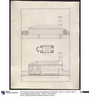 Sammlung architektonischer Entwürfe. Tafel 77 ( = Heft 11, Tafel 71, 1826): Malmedy. Entwurf zu einer Kirche. Seitenansicht und Längsschnitt