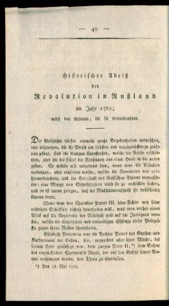 Historischer Abriß der Revolution in Rußland im Jahr 1762; nebst den Ursachen, die sie hervorbrachten
