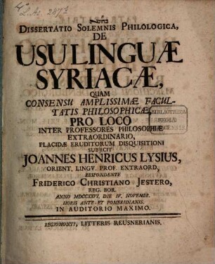Dissertatio Solemnis Philologica, De Usu Linguæ Syriacæ
