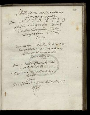 Widmung an Landgraf Moritz von Hessen