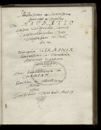 Widmung an Landgraf Moritz von Hessen