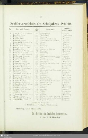 Schülerverzeichnis des Schuljahres 1891-92