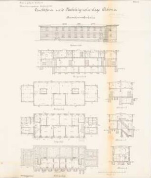 Leuchtfeuer und Nebelsignalanlage, Kap Arkona: Beamtenwohnhaus: Ansichten, Grundrisse KG, EG, DG, Schnitte 1:100