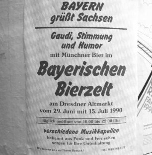 Dresden vor der Währungsumstellung im Juni 1990. Plakat des Bayerischen Bierzeltes