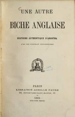 Une autre biche anglaise : Histoire authentique d'anonyma. Avec son portrait photographié
