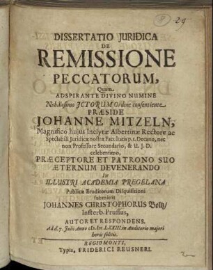 Dissertatio Iuridica De Remissione Peccatorum