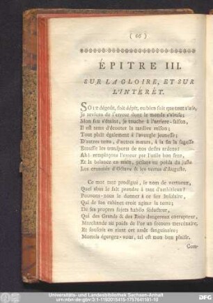Épitre III. Sur La Gloire, Et Sur L'Intérêt.