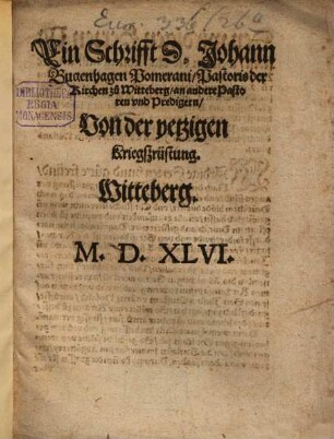 Ein Schrifft an andere Pastorn, von der jetzigen Kriegsrüstung