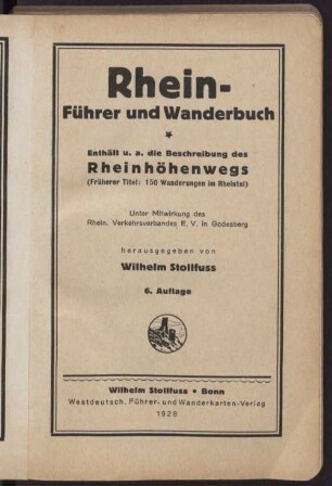 Rhein-Führer und Wanderbuch : enthält u.a. die Beschreibung des Rheinhöhenweges