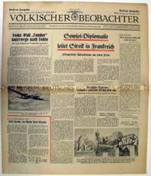Fragment der Tageszeitung "Völkischer Beobachter" u.a. über Einsatz britischer Truppen in Palästina und Streiks in Frankreich
