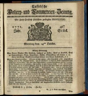 41tes Stueck, Montag den 14ten October 1771