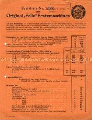 Preisliste über "Fella"-Erntemaschinen