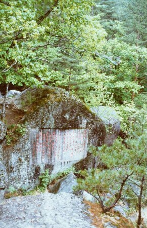 Stein mit Beschriftung in einer Landschaft