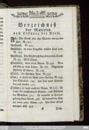 Verzeichniß der Materien nach Ordnung der Verse.
