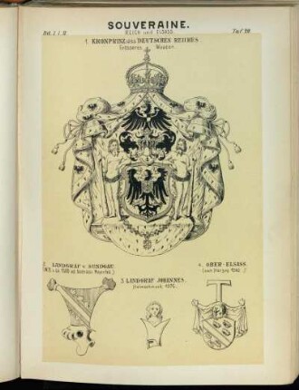 Taf. 20. 1. Kronprinz des Deutschen Reiches. Grösseres Wappen. - 2. Landgraf v. Sundgau. - 3. Landgarf Johannes. - 4. Ober - Elsass.