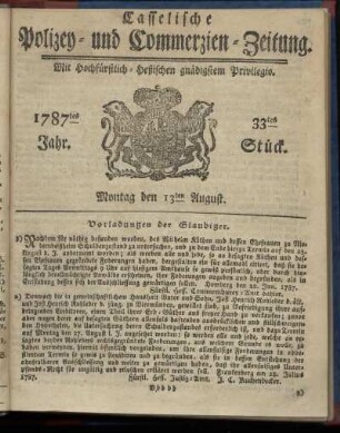 33tes Stueck, Montag den 13ten August. 1787