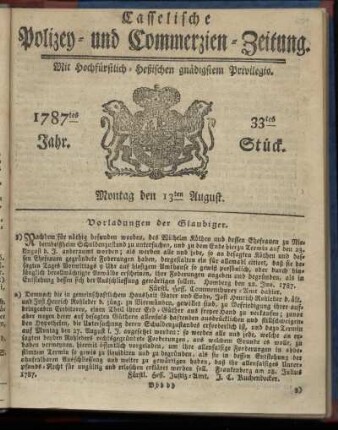 33tes Stueck, Montag den 13ten August. 1787