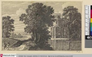 [Flusslandschaft mit Gebäude und Wanderern]