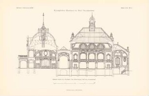 Kurhaus, Bad Oeynhausen: Schnitt durch Flurhalle, Wandelgang und Konzertsaal (aus: Atlas zur Zeitschrift für Bauwesen, hrsg. v. Ministerium der öffentlichen Arbeiten, Jg. 59, 1909)