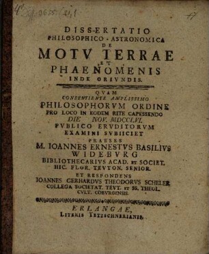 Dissertatio Philosophico-Astronomica De Motv Terrae Et Phaenomenis Inde Orivndis, [1]