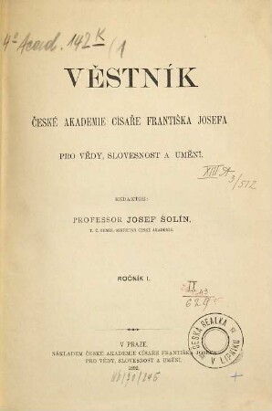 Věstník České akademie císaře Františka Josefa pro vědy, slovesnost a umění. 1. 1892