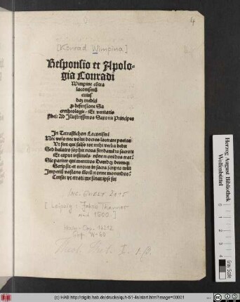 Responsio et Apologia Conradi Wimpine co[n]tra laconismu[m] cuiusdam medici p[ro] defensione Sacretheologie/ Et veritatis fidei: Ad Illustrissimos Saxonie Principes