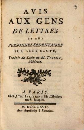 Avis aux Gens de Lettres ... sur leur Santè