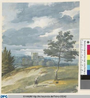 Landschaft mit Burg und einem Wanderer im Vordergrund