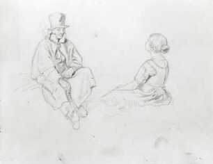 Figurenstudie (Sitzender Mann mit Stock und Zylinder, sitzendes Mädchen) : Richter,Adrian Ludwig: Figurenstudie (Sitzender Mann mit Stock und Zylinder, sitzendes Mädchen). Bleistift. Dresden: Kupferstich-Kabinett, Skizzenbuch 21/38