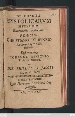 Deliciarum Epistolicarum Festivalium Exercitatio duodecima