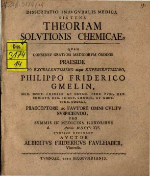 Dissertatio inauguralis medica sistens theoriam solutionis chemicae