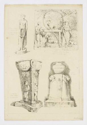 Stehende Figurine mit einer kleinen ägyptischen Skulptur in Händen, Basrelief, antiker Marmorsockel und große Vase auf einem Podest mit Löwenköpfen und stehender ägyptischer Figur, Blatt 4 der Folge "Recueil de Griffonis"