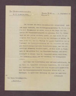 Schreiben von Wilhelm Groener an Constantin Fehrenbach, Unterredung mit Kurt Rosenfeld bzgl. der Kontrolle von Eisenbahntransporten
