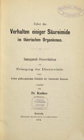 Ueber das Verhalten einiger Säureimide im thierischen Organismus ...