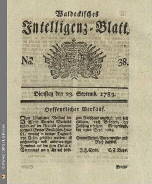 No. 38, Dienstag den 23. Septemb. 1783