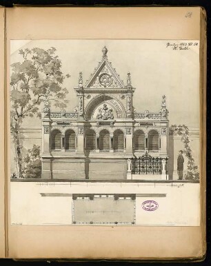 Erbbegräbnis Frenkel auf dem jüdischen Friedhof, Berlin-Weißensee Monatskonkurrenz Januar 1883 (2. Wettbewerb): Grundriss, Aufriss Vorderansicht; Maßstabsleiste