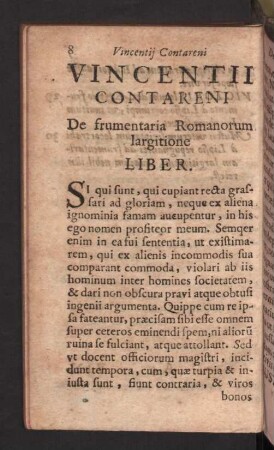 Vincentii Contareni. De frumentaria Romanorum largitione Liber.