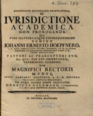 Dissertatio epistolaris gratulatoria, de iurisdictione academica non proroganda