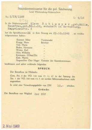 Bihlmeyer, Klara, geb. Müllz