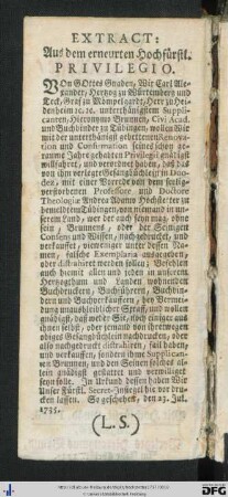 Extract: Aus dem erneurten Hochfürstl. Privilegio.