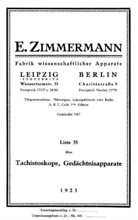 Liste 35: Über Tachistoskope, Gedächtnisapparate