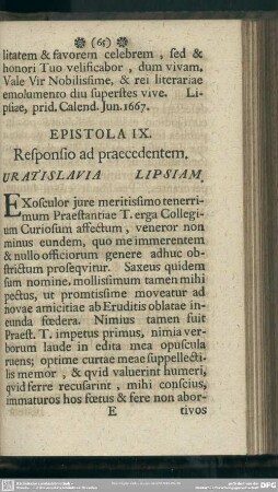 Epistola IX. Responsio ad praecedentem. Vratislavia Lipsiam