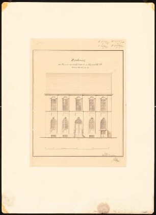 Potsdamer Bürgerhäuser. Bauaufnahmen (sog. Ziller-Mappe) um 1850. Wohnhaus Bäckerstraße 4 (Baujahr 1775): Aufriss Ansicht Fassade (Maßstabsleiste, Fuß)