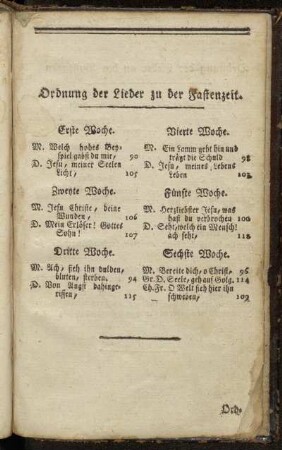Ordnung der Lieder zu der Fastenzeit.