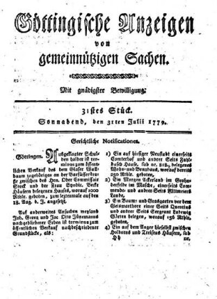 31tes Stück. Sonnabend, den 31ten Julii 1779.