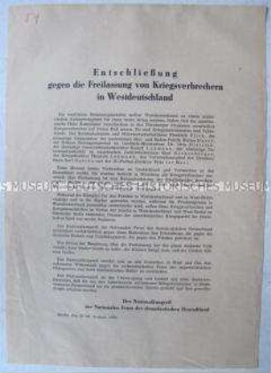 Sonderdruck mit dem Wortlaut der Entschließung der Nationalen Front gegen die Freilassung von Kriegsverbrechern in der Bundesrepublik