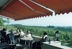 Kressbronn: Weingut Torggel , Terrasse und Bogen zum Parkplatz