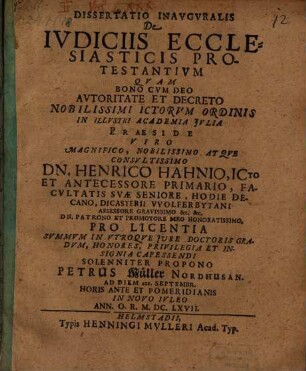 Diss. inaug. de iudiciis ecclesiastis protestantium